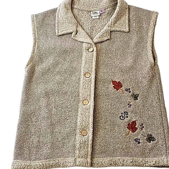 Vintage Womens Sz L Beige Leaf Embroidered Fleece Made in USA 70s Vest - Picture 1 of 12